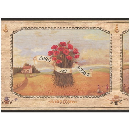 - Wall Border - Sunflower Poppies Lavender Bunches on Plaques Beige Wallpaper Border Retro Design, Prepasted Roll 15 ft. x 7 in.