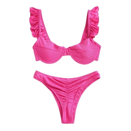 Womens Ruffle Underwire Bra & Ruched Bottom  Bathing Suits Swimsuits For Women