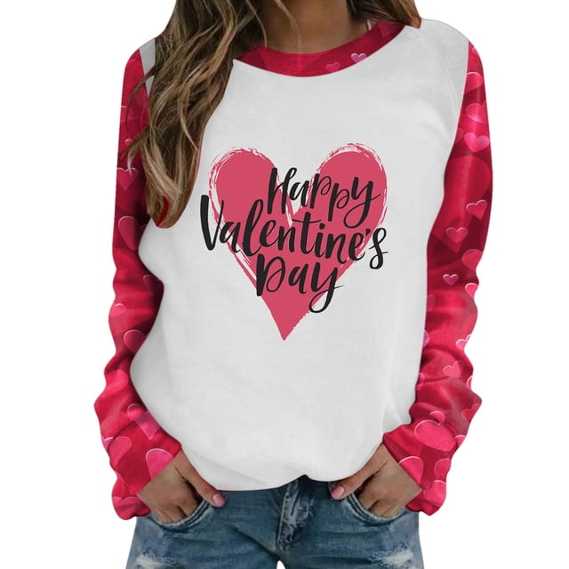 Pompotops T-Shirts de la Saint-Valentin pour Femmes Chandails en Molleton Graphiques Col Rond Cœur Amour Chandail Décontracté Manches Longues Cadeau Hauts Blouse