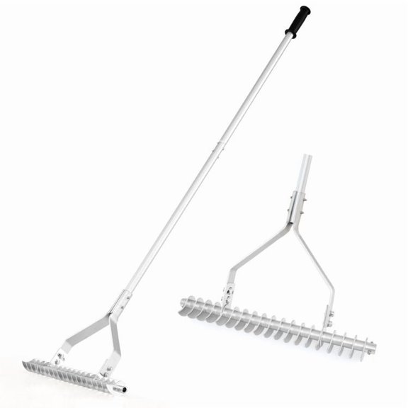 Heavy Duty Lawn Soil Loosening Rake 20 Inch Wide Head with Long Anti-Slip Handle, 19 Curved Tines Dual-Sided Thatch Rake for Garden Lawn Care Sod Laying Yard Work Outdoor Landscaping