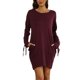 thumbnail image 1 of Vestido túnica con puños atados y bolsillos, cuello redondo, manga larga, vestido holgado de color puro, de gran tamaño, para mujer, rojo vino L, 1 of 8