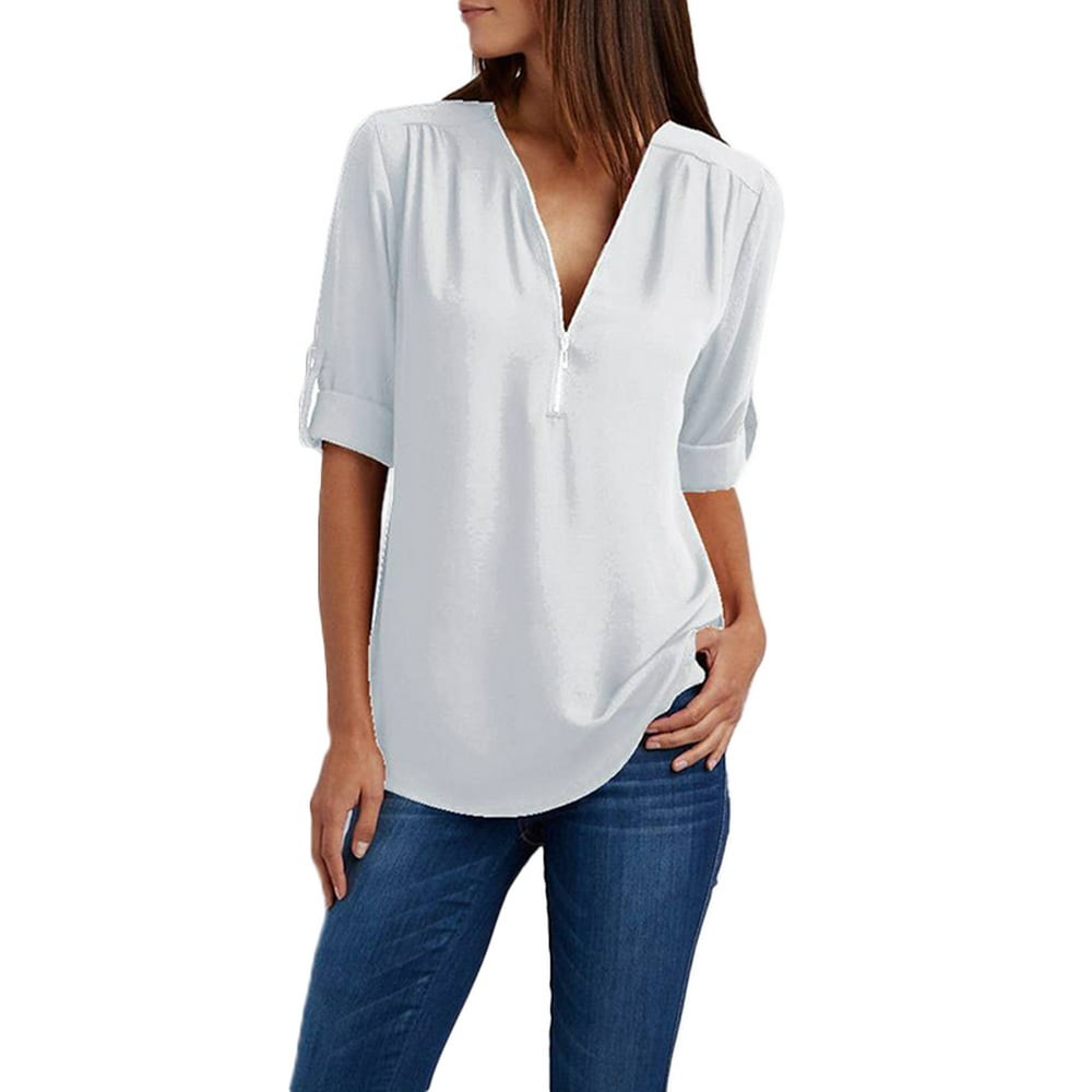 DYMADE - DYMADE Women's Zip Front V-Neck 3/4 Sleeve Tunic Casual Top ...