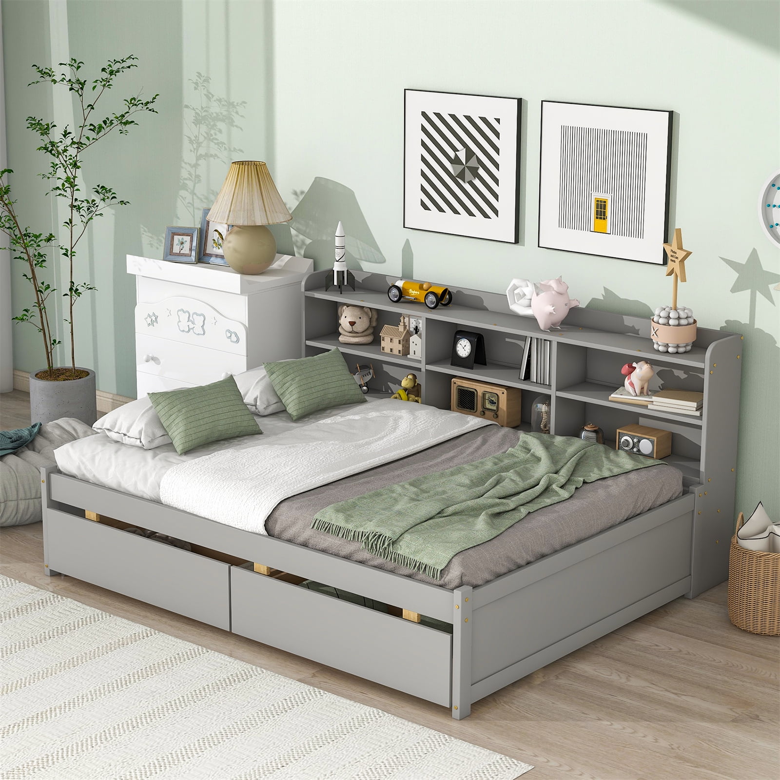 Full Bed with Storage Bookcase and Drawers, Multifunctional Wood Platform Bed for Bedroom, Gray