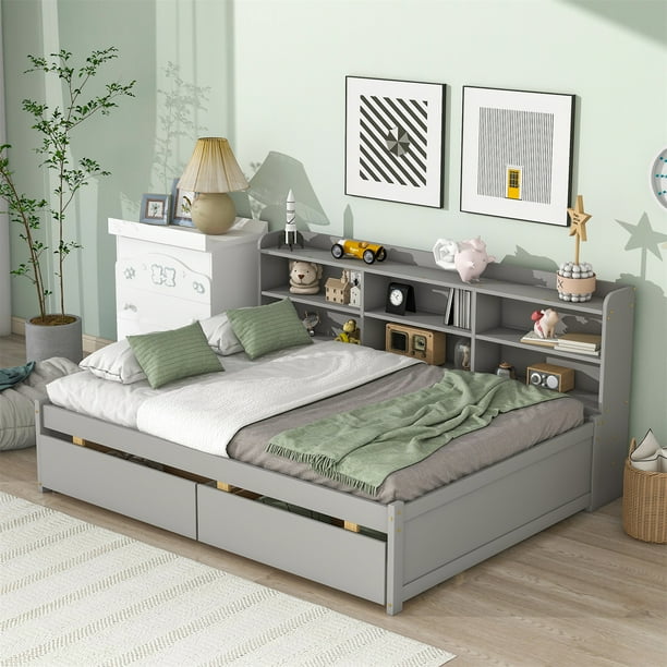 Full Bed with Storage Bookcase and Drawers, Multifunctional Wood