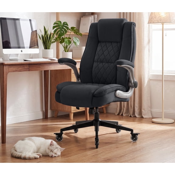 Fabric High Back Office Chair with Lockable Quiet Casters, Ergonomic Home Office Desk Chair with Flip-up Armrest, Comfy Computer Chair with Adjustable Height for Home & Office & Work