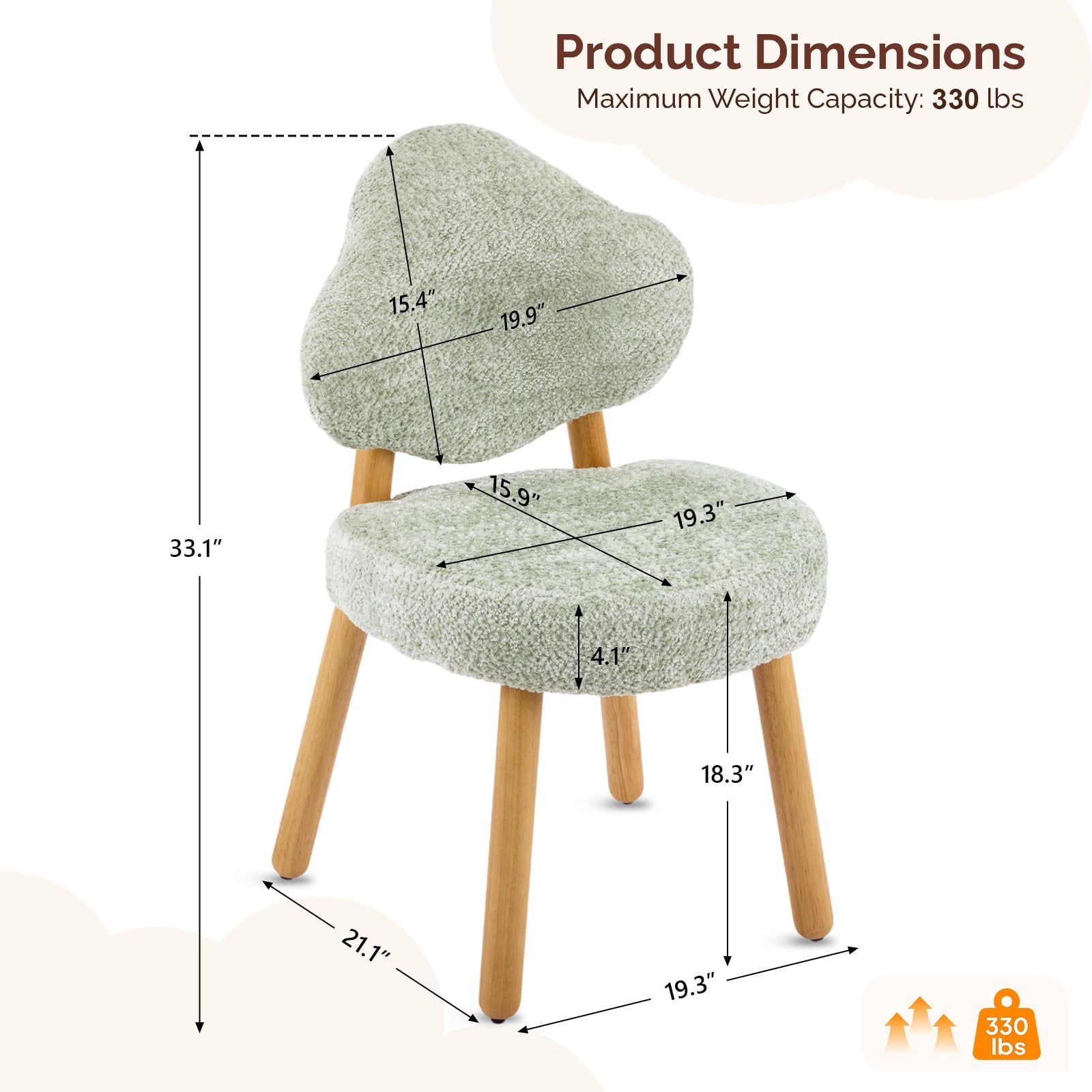 Ktaxon Blended Chenille Armless Vanity Chair Cloud Backrest Desk Chair, Rubber Wood Makeup Chair for Bedroom Living Room Office Reading Room Green
