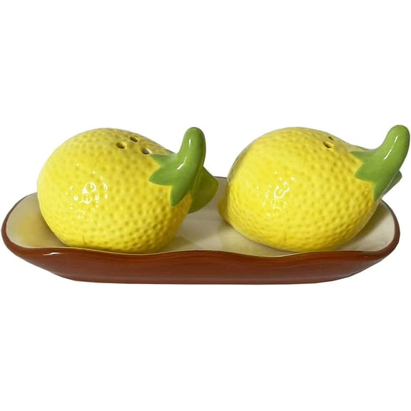 First of a Kind Ceramic Salt & Pepper Shakers - 7" Lemon Shaped Salt & Paper Shaker Set With Tray, Perfect Summer Lemons Decor - Cute Farmhouse Decorative Salt Shaker for Kitchen Table Décor