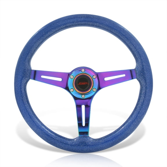 AJP Distributors JDM Sport Universal 350mm 14" 6 Bolt Hole Light Weight Steel Steering Wheel Metallic Blue Wood Neo Chrome Deep Dish 3 Spoke Heavy Duty  Horn Button Replacement VIP