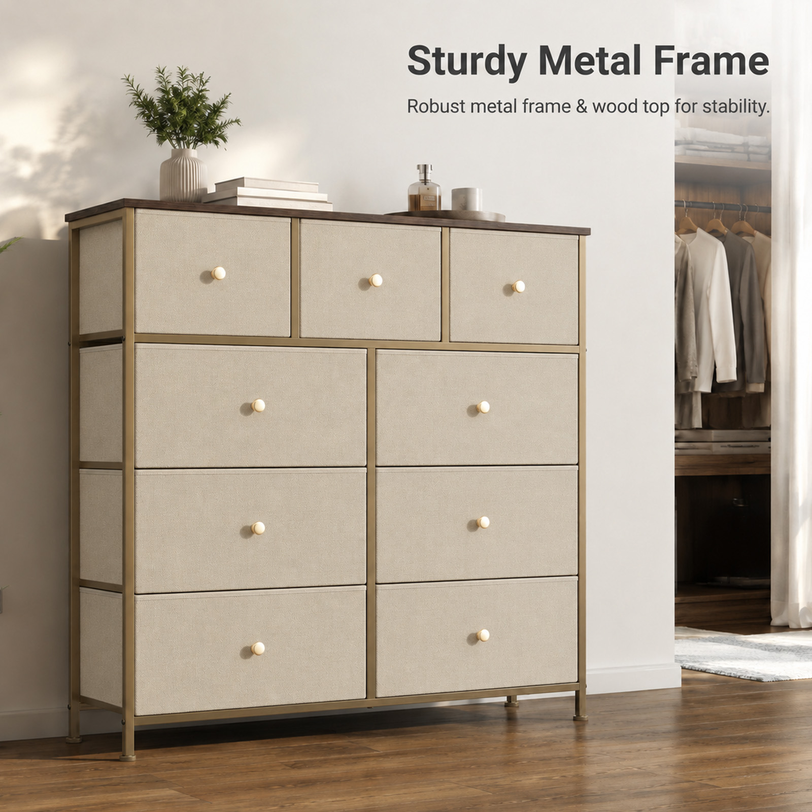Alvantor 8/9 Drawer Fabric Dresser, Storage Tower for Bedroom and Closet, Chest of Drawers with Sturdy Steel Frame & Wooden Top for Living Room, Entryway