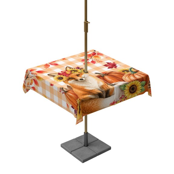 Outdoor Tablecloth with Umbrella Hole, Thanksgiving Maple Leaves Zippered Table Cloth for Rectangle Tables, Ombre Orange Plaid Washable Waterproof Tablecloths for Picnic Patio Garden
