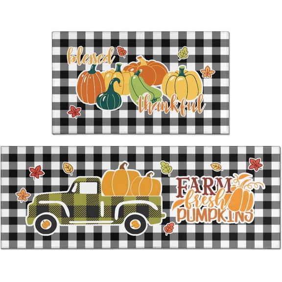 Fall Pumpkin Kitchen Rugs Sets of 2,Autumn Truck Buffalo Plaid Maple Leaves Farmhouse Mats for Floor,Thanksiving Non Slip Holiday Decor Mat for Sink, Laundry, Office 17"x 47" 17"x 30"
