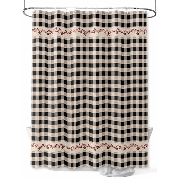 Fsddascl Country Star Plaid Shower Curtain Set - Extra Long 72" x 96" Washable Bathtub Curtain with 12 Hooks, Black Retro American Farm Barn Berry Waterproof Fabric Stall Shower Curtains for Bathroom
