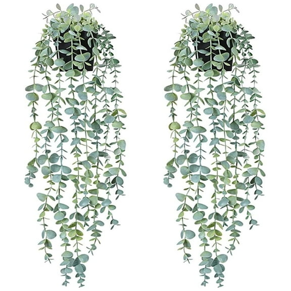 Fake Hanging Plants, 2 Pack Fake Plant with Pot, Artificial Hanging Plants, Artificial Eucalyptus Plant, Artificial Plant Indoors, Faux Eucalyptus Potted for Office Living Room Balcony Bathroom Decor