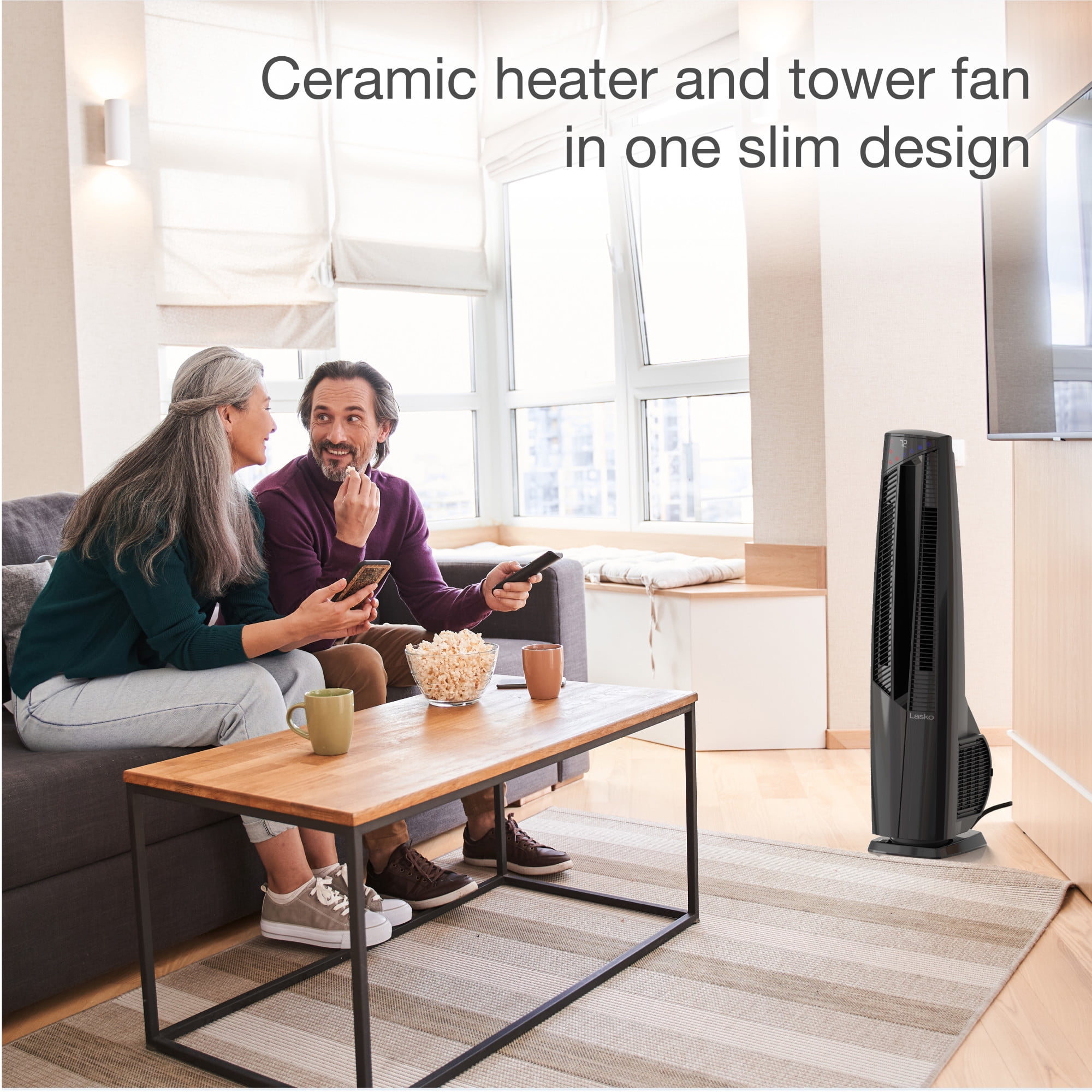 Lasko DUO Comfort FHV801 Black 1500W 3 Speed, Remote Tower Fan and Ceramic Space Heater