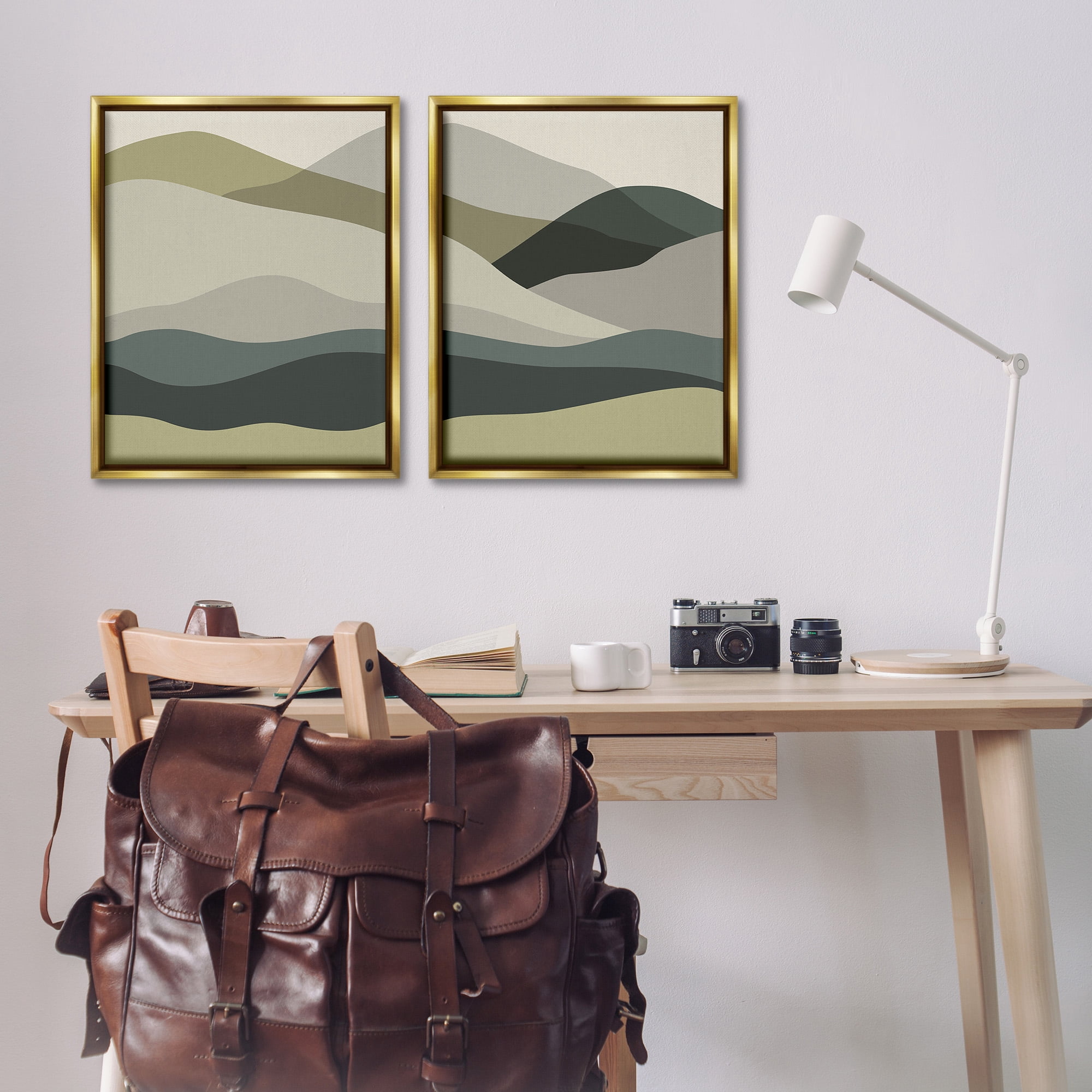 Stupell Industries Modern Green Mountains Landscape Painting Gold Floater Framed Canvas Art Print Wall Art, 25 x 31, Set of 2