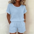 thumbnail image 7 of Gamivast 2 Piece Summer Outfits for Women Casual Linen Textured Short Sleeve Top and Drawstring Shorts Set Loose Fit Matching Lounge Sweatsuits Vacation Streetwear Pajamas Blue XXXL, 7 of 7
