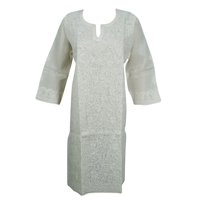 Mogul Indian Cotton Long Tunic Dress 3/4 Sleeves Ethnic Beautiful Hand Embroidered Cover Up L