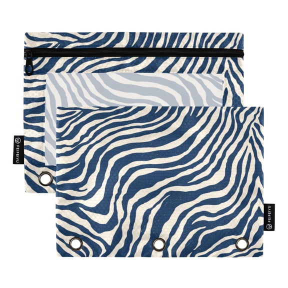 2 Pack 3 Ring Binder Pouch with Clear PVC Window Water Resistant Zipper Pencil Pouch Digital Blue Zebra Stripes Binder Pocket for Classroom Office Home Stationery Organization
