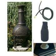 Angle View: QBC Bundled Blue Rooster Gatsby Chiminea with Propane Gas Kit, Half Round Flexbile Fire Resistent Chiminea Pad, 20 ft Gas line, and Free Cover Gold Accent Color - Plus Free EGuide