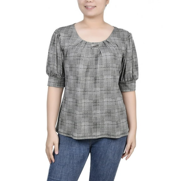 NY Collection Women's Short Sleeve Balloon Sleeve Top Jet Benpla Petite Size PM