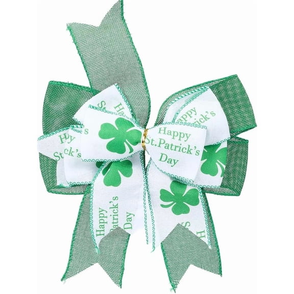 St Patrick's Day for Wreath Decorations Large Burlap White Green Glitter Shamrock Bowknot Holiday Crafts Bows St Patrick's Day Tree Bows for Front Door Outdoor Outside 13.43x9.65 Inch 1pc