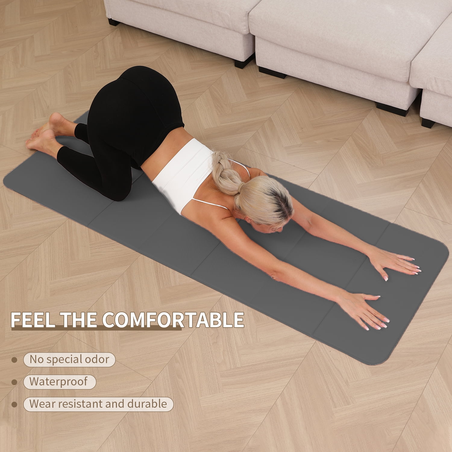 Frach Foldable Yoga Mat, Workout Exercise Mat,Eco TPE 0.4 Inch Thick for Home and Travel,Instant Fold No Curling 75"x26"(Gray)
