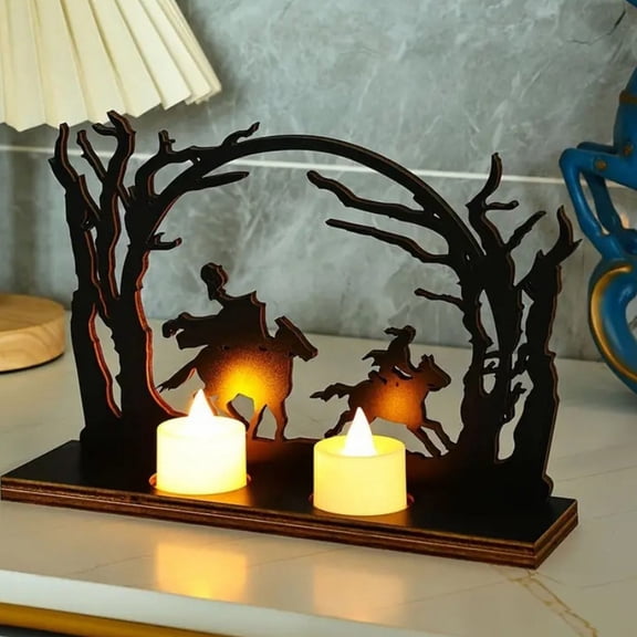 Clearance Desktop Ornament under $5,Halloween Candle Holder Wooden Witch Horseman Statue Candlestick Wood Silhouette Sculpture Table Desk Decor For Home Room Halloween Party