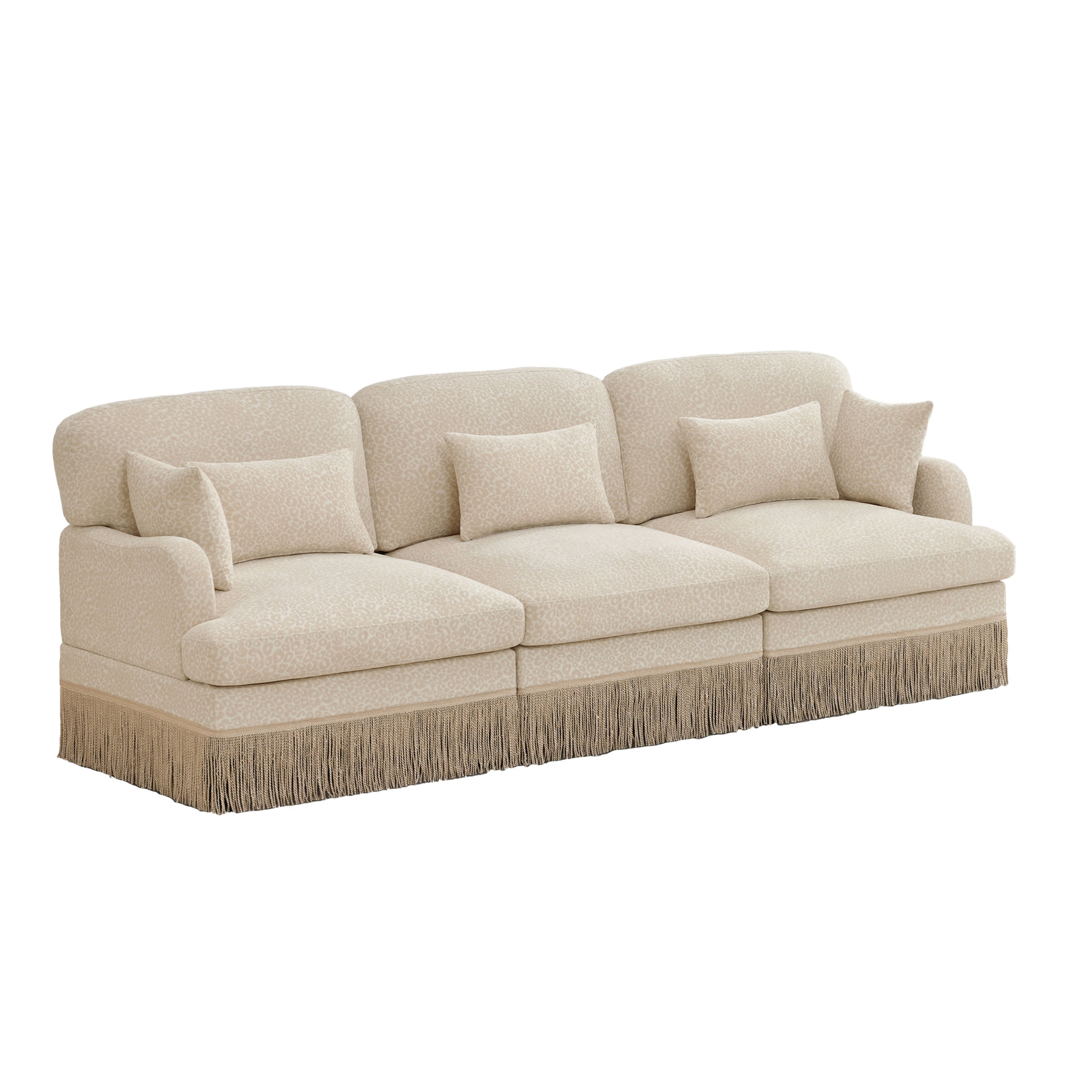 Noble House Carola Leopard Print Chenille 3-Seater Sofa, Modular Sectional Couch with Tassel Trim, Beige