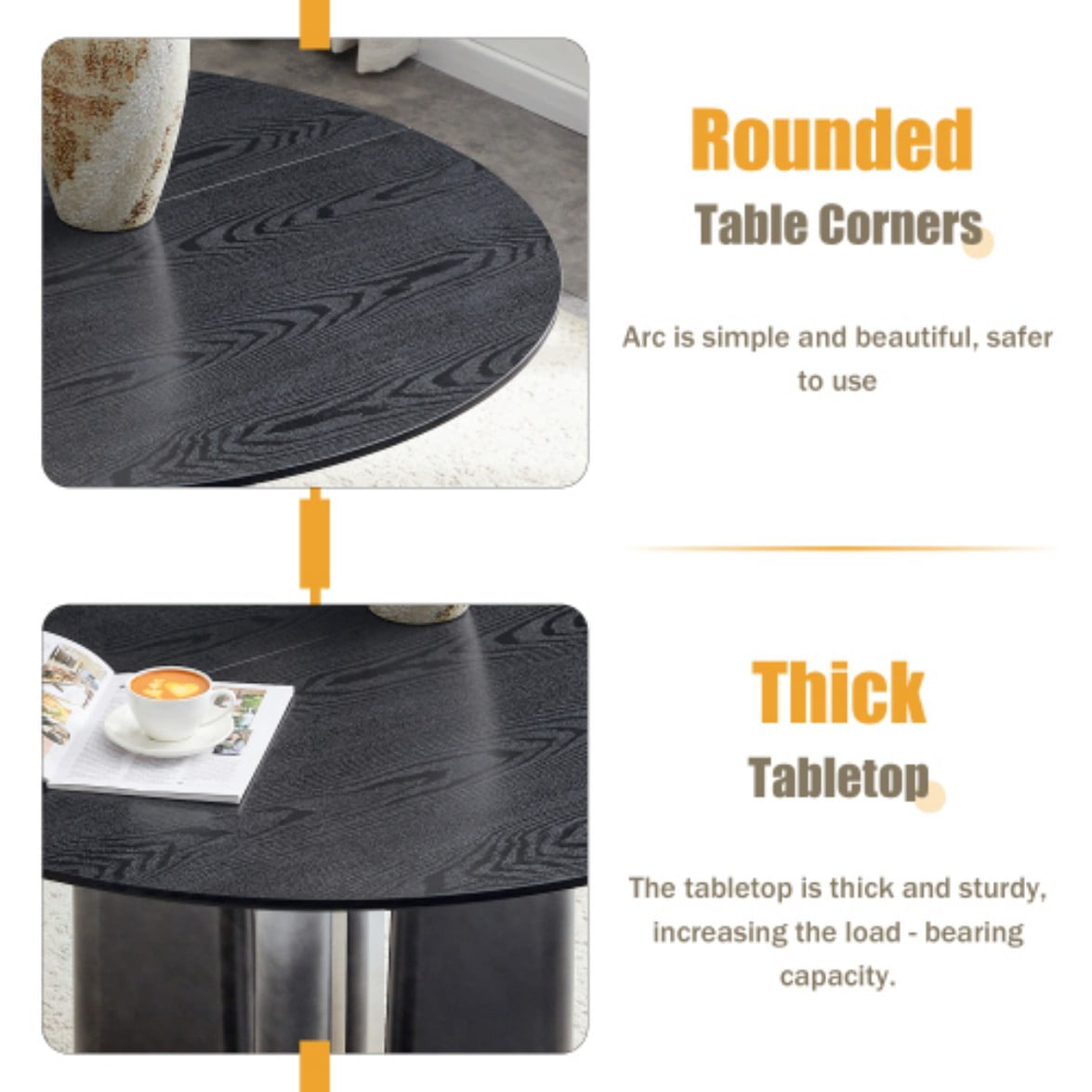 Round Black Wood Grain Dining Table, Modern MDF Kitchen Table for 2-4 People, Gradient Cross Base, Compact Table for Small Spaces, Black & White