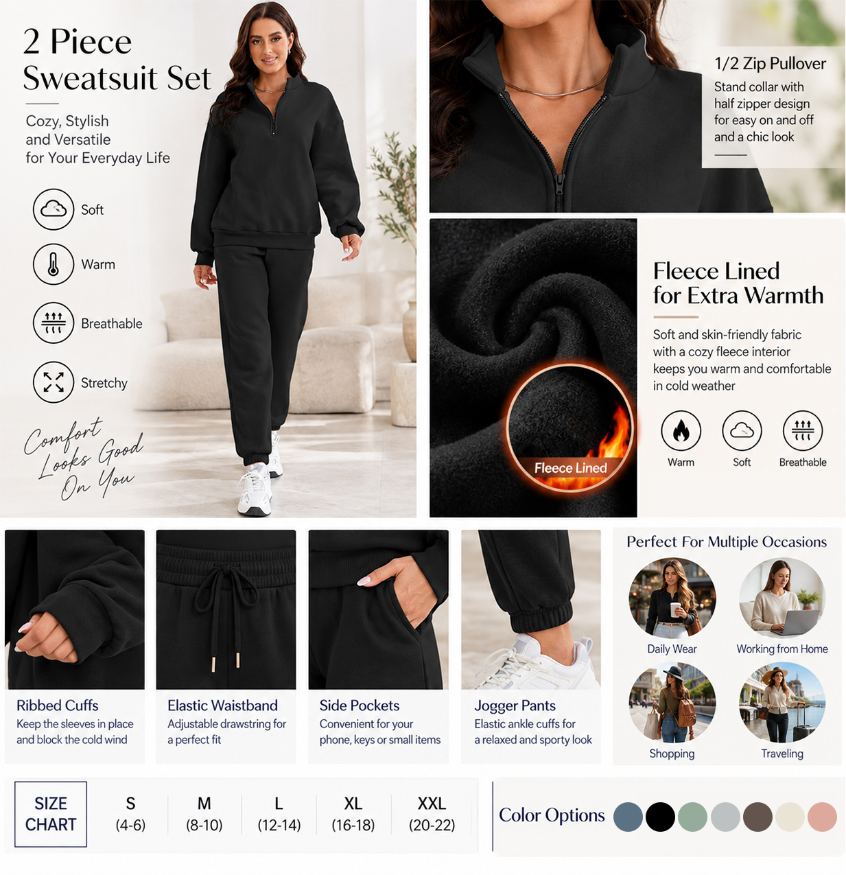 Shewin Women's Fleece Lined 1/4 Zip Sweatsuit Set photo 2