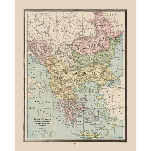 Historic Map - Turkey Greece Romania Serbia - Cram 1888 - 23 x 28.56 - Vintage Wall Art