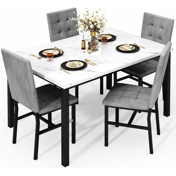 LinkRomat 5-Piece Faux Marble Dining Table Set for 4, Modern Kitchen Table with Chairs, Dinette Dining Room Furniture Set for Compact Space Saving