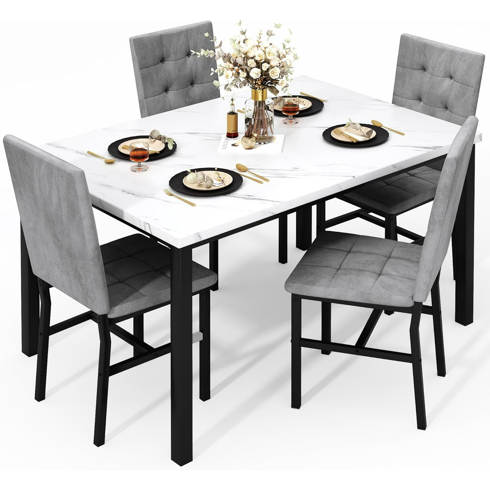 LinkRomat 5-Piece Faux Marble Dining Table Set for 4, Modern Kitchen Table with Chairs, Dinette Dining Room Furniture Set for Compact Space Saving