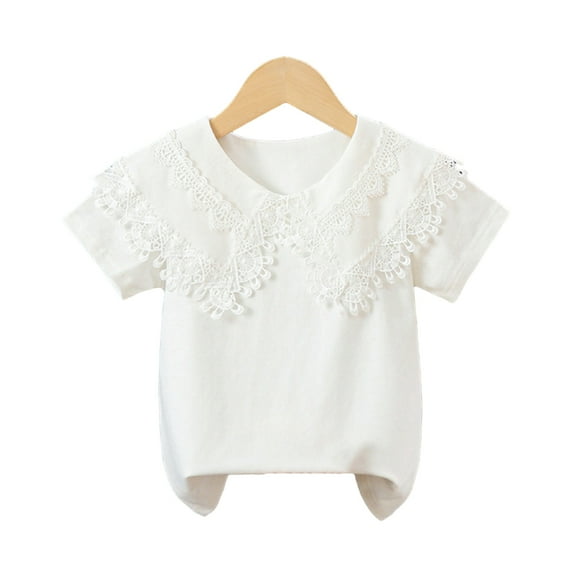MXIEZI Girls Shirt Short Sleeve Solid Color Tees Top Kids Ruffle Collar Blouse Size 3-11Y