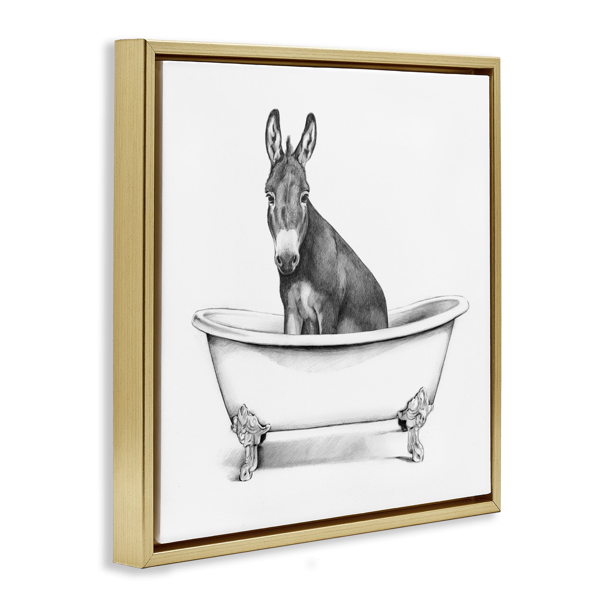 Stupell Industries Donkey in Bathtub Sketch Animals & Insects Drawing Gold Floater Framed Canvas Art Print Wall Art, 18 x 18