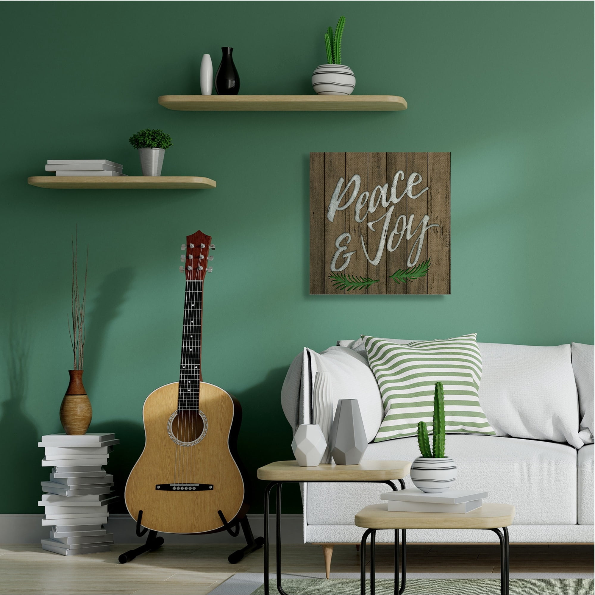 Peace and Joy Winter Rustic Phrase Wooden Pattern Holiday Gallery-Wrapped Canvas Print Wall Art, 17x17