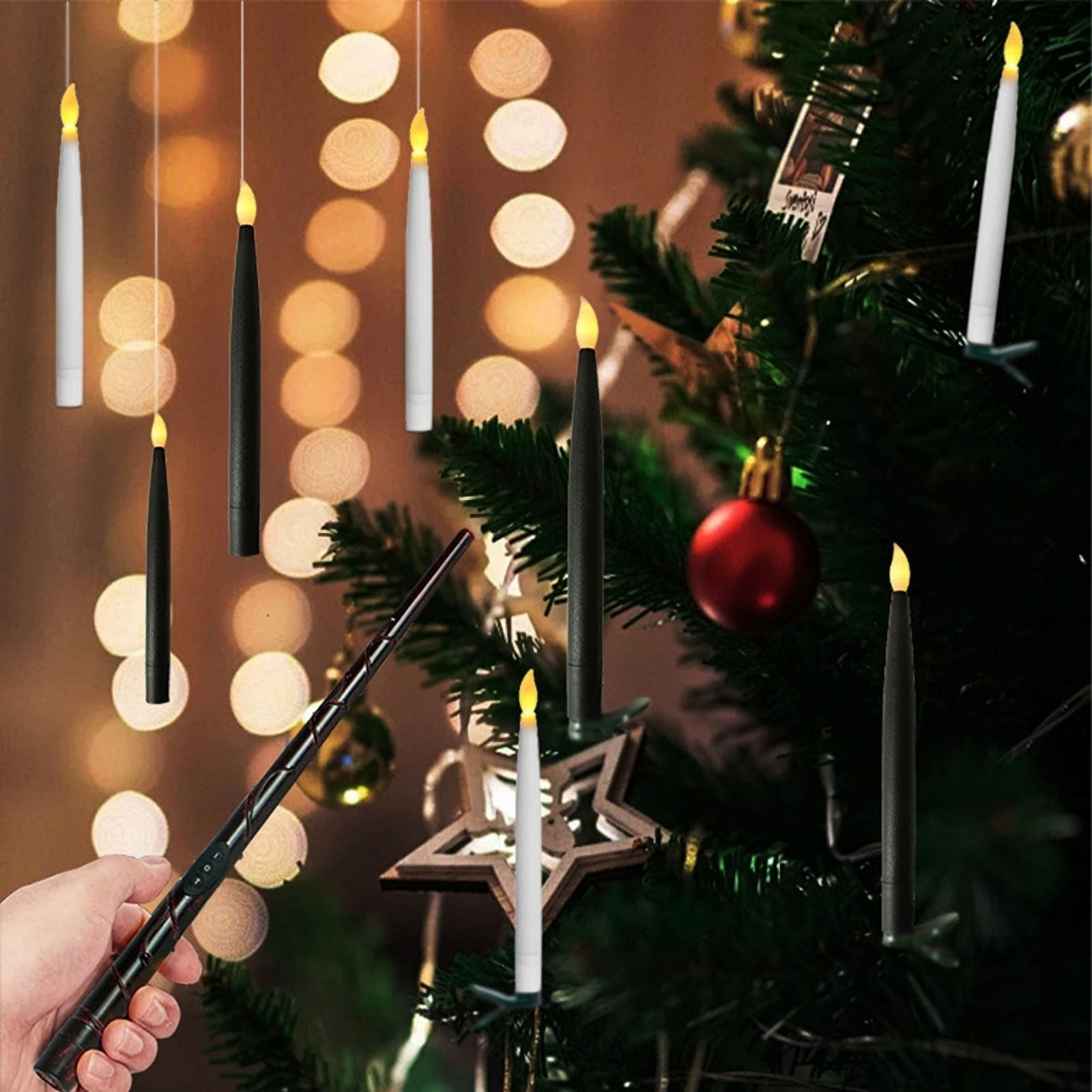 Hanging Floating Flameless Candles with Wand Flameless Taper Candles LED Candles Warm Light Christmas Candles Black A
