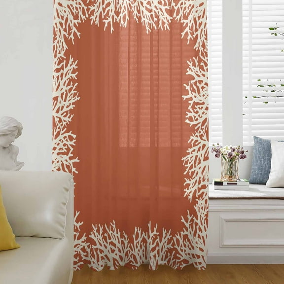 Coastal Coral Semi Sheer Curtains Drapes for Living Room, Bedroom, French Doors Window 72 Inches Long, Orange White Ocean Marine Nautical Beach Rod Pocket Chiffon Curtain Drapery Voile Drape Panel