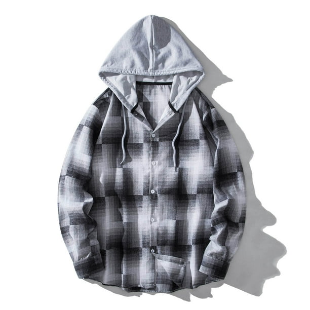 Blusa informal de manga larga con capucha para hombre, con cuello vuelto, manga larga, cierre de botones, estampado a cuadros, con capucha