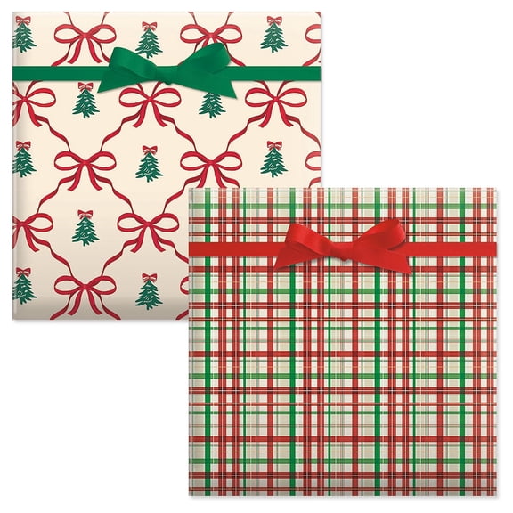 Current 2-Pack Jumbo Heavyweight Christmas Gift Wrap Paper Rolls, Each Roll 23" x 32'- Christmas Plaid, Holiday Bows