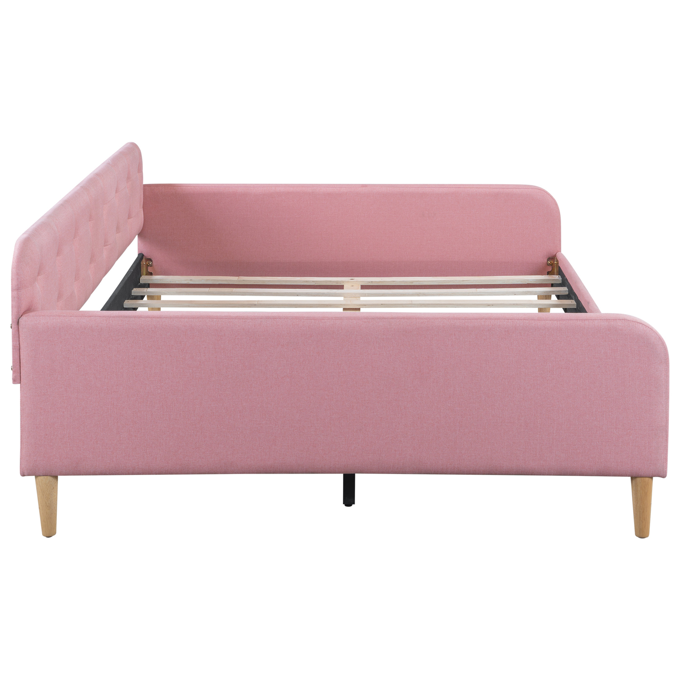 Noble House Havina Full Upholstered Daybed, Button Tufted Linen Sofa Guest Bed with Slat Support Frame, Pink