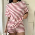 thumbnail image 3 of Morttic Women's Summer Casual Waffle Knit Stripe 2 Piece Set – Crew Neck Short Sleeve Top & High Waist Shorts Lounge Outfit Pink，XL, 3 of 6
