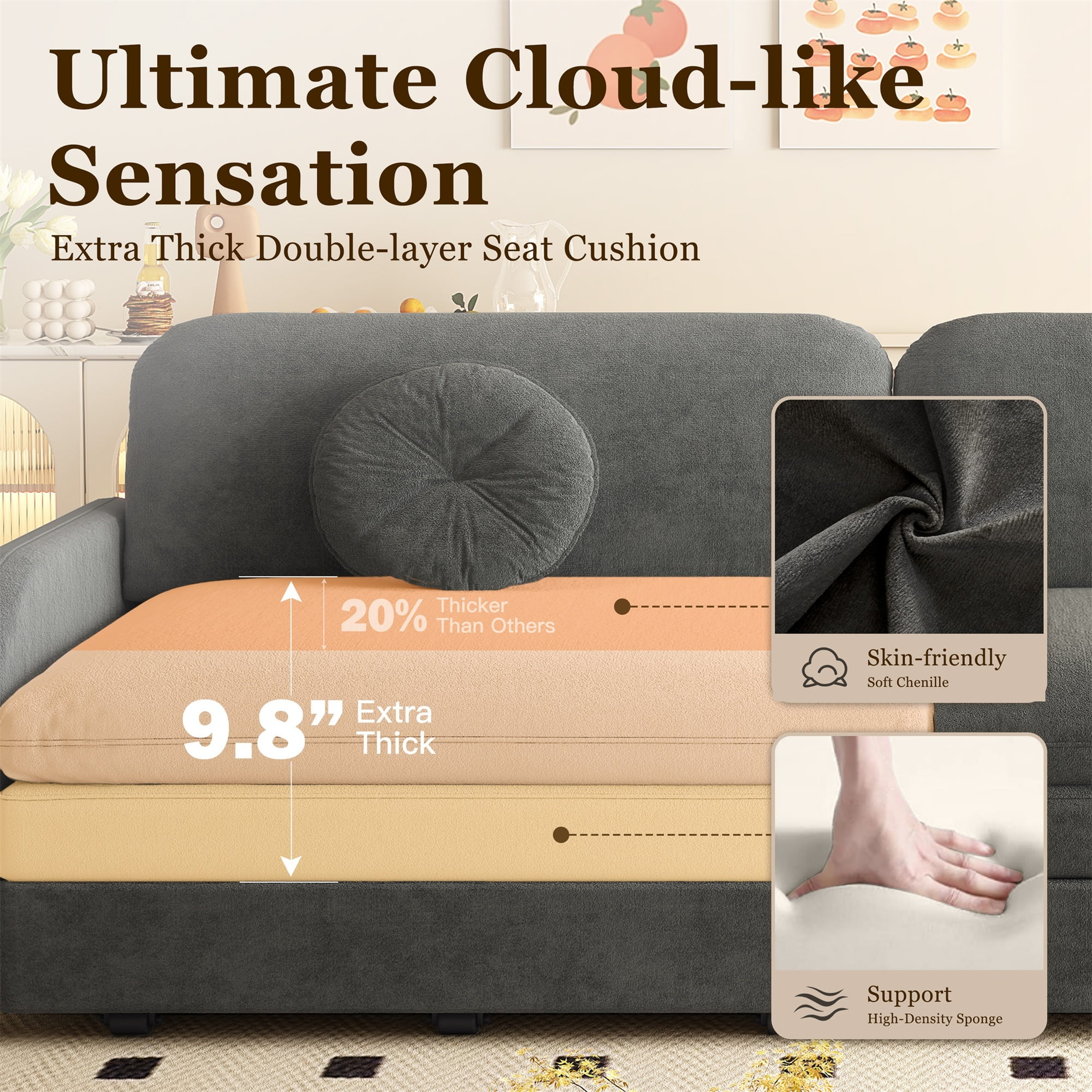 Alvantor 52" W Convertible Sleeper Sofa Bed Chenille Pull Out Loveseat with Side Pocket & USB Port & Pillows for living room, Apartment, Gray