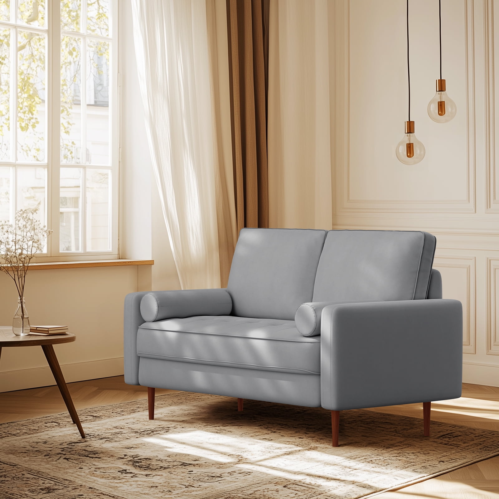 Dixie 57" Small Sofa Loveseat Couch, Premium Velvet Fabric And 2 Bolster Pillows Suitable for Apartment or Small Living Room, Grey