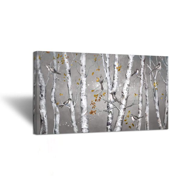 Zlove Rustic Birch Tree Wall Art Bird on Forest on Grey Background Landscape Picture Painting Gallery Wrapped for Living Room Bedroom Decor Ready to Hang 20x36inch