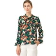 thumbnail image 1 of Blusa con cuello En V y lazo floral Allegra K camisa de manga larga con volantes y trompeta vintage Verde M, 1 of 6