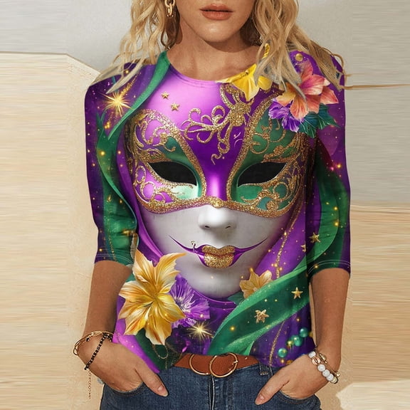 YOIAVAIOY Girl Mardi Gras T Shirt 3/4 Sleeve Bling Glitter Carnival Outfits Trendy Spring Sequin Print Crewneck Tunic Tops Multicolor M