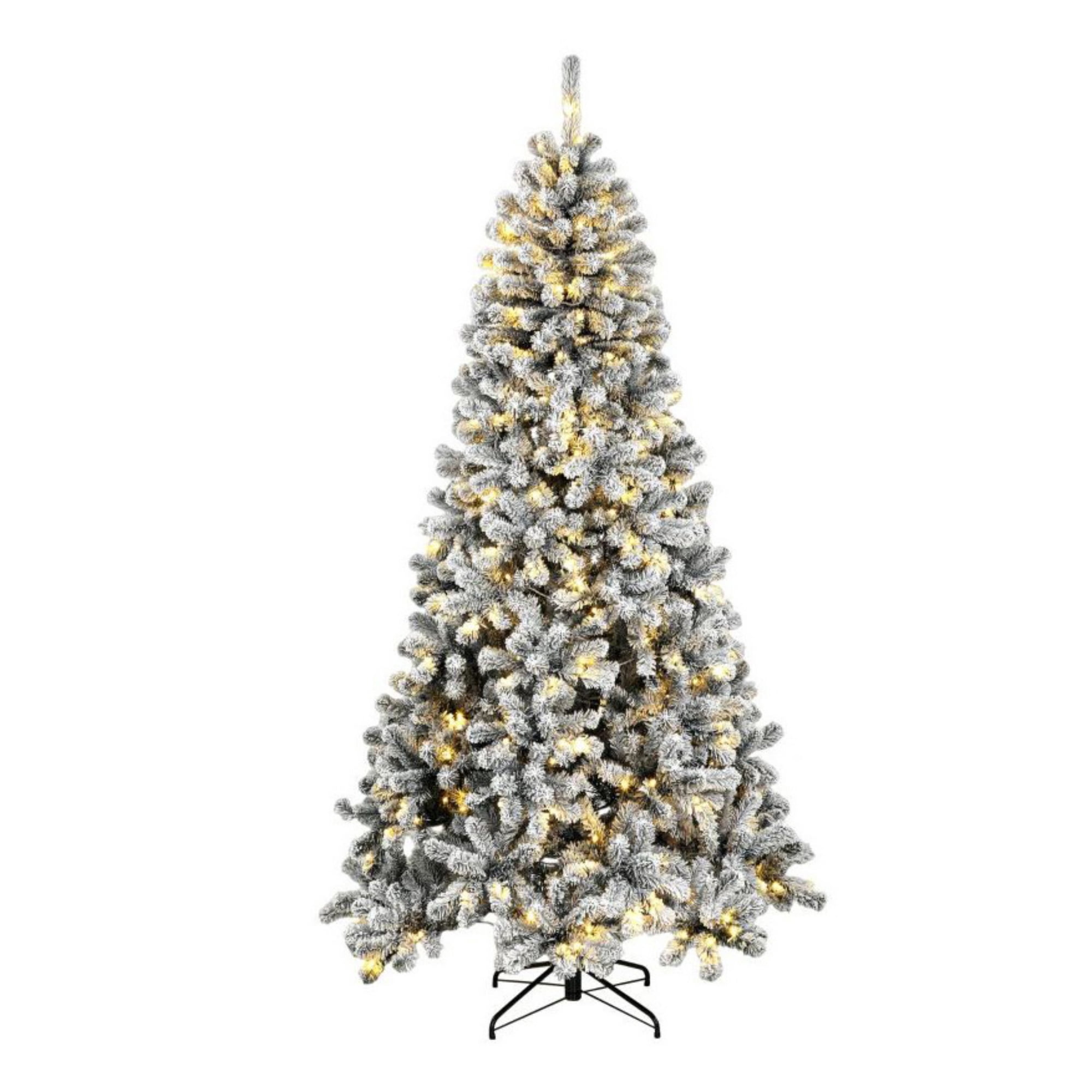 7.5 ft Pre-Lit Flocked Artificial Christmas Tree with 350 Warm White LEDs, 1201 Tips, PVC Foliage and Steel Stand for Indoor Holiday Decor