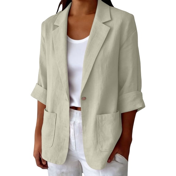 Puyaiuu Women Linen Blend One Button Roll Up Sleeve Blazer With Pockets Casual Office Lightweight Suit Jacket Beige M Gift