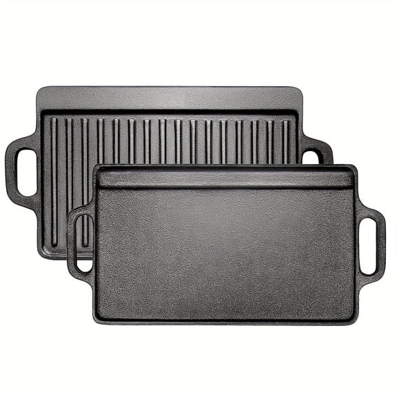 YOUKADA Pre-Seasoned Small Cast Iron Griddle - 13X8 Inch Reversible Double-Sided Grill Pan, Single Burner Stove Top Griddle Plate for Home & Outdoor Cooking